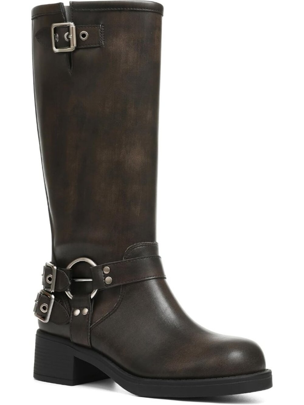 Women Dark Brown Pull On Wide Calf Riding Buckles Chunky Metallic Knee High Boot